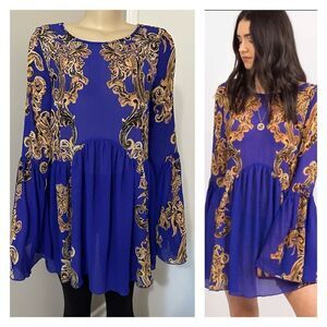 Free People Intimately Size Small Royal Blue Gold Sheer Dress Cover Up Oversized
